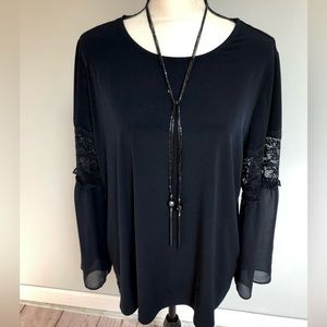 Susan Graver Navy Blue Floral Lace Bell Sleeve Liquid Knit Top Size Large